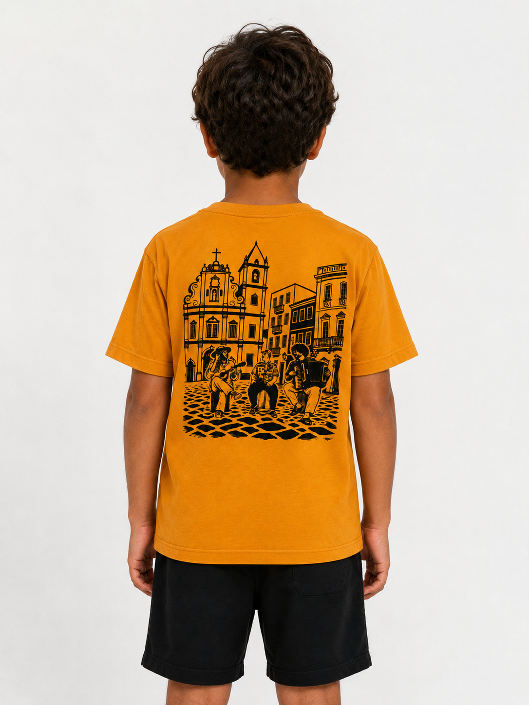 Camiseta Infantil Xilogravura Mostarda